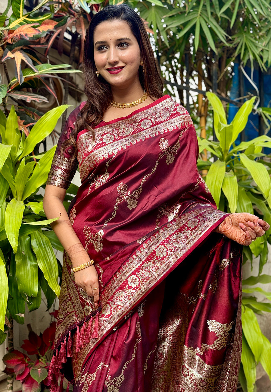 Maroon Green Banarasi Jaal Soft Silk Zari Woven Saree