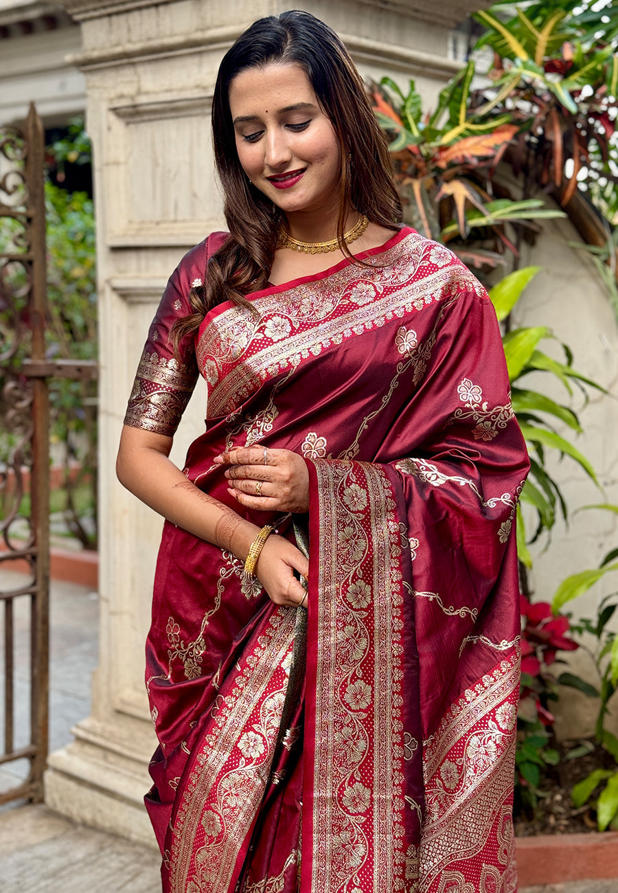 Maroon Green Banarasi Jaal Soft Silk Zari Woven Saree