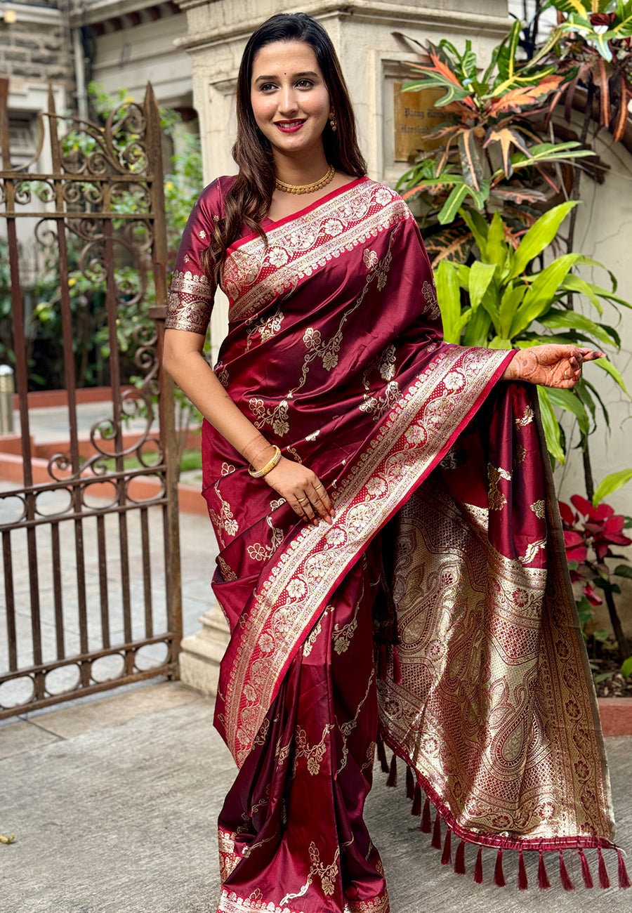 Maroon Green Banarasi Jaal Soft Silk Zari Woven Saree