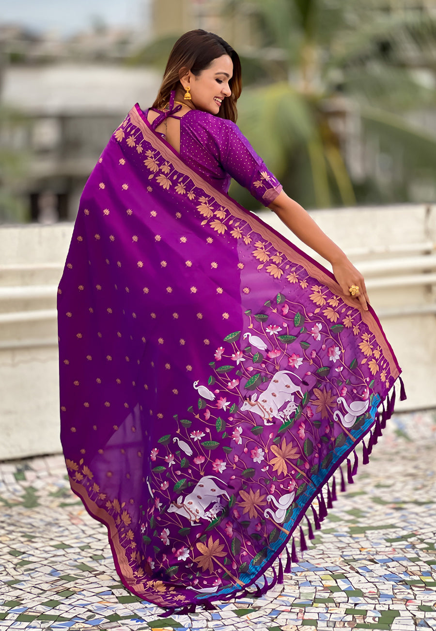 Purple Pure Soft Silk Zari Woven Pichwai Silk Saree 