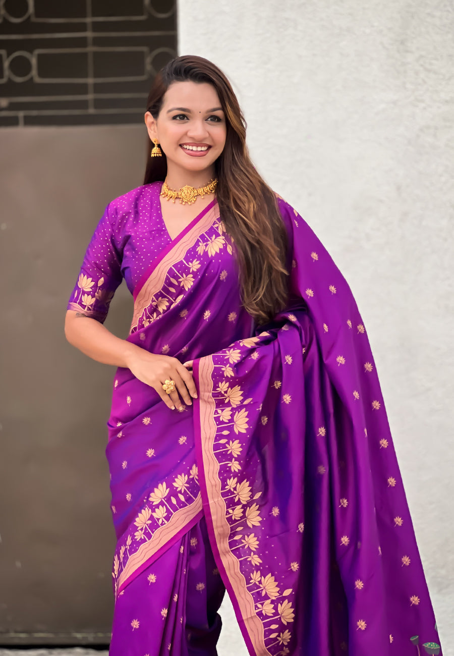 Purple Pure Soft Silk Zari Woven Pichwai Silk Saree 