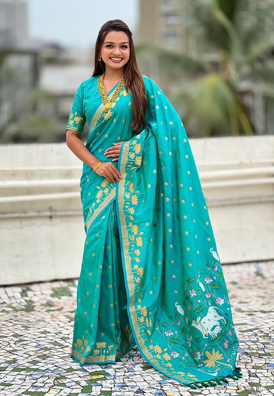 Aqua Blue Pure Soft Silk Zari Woven Pichwai Silk Saree 