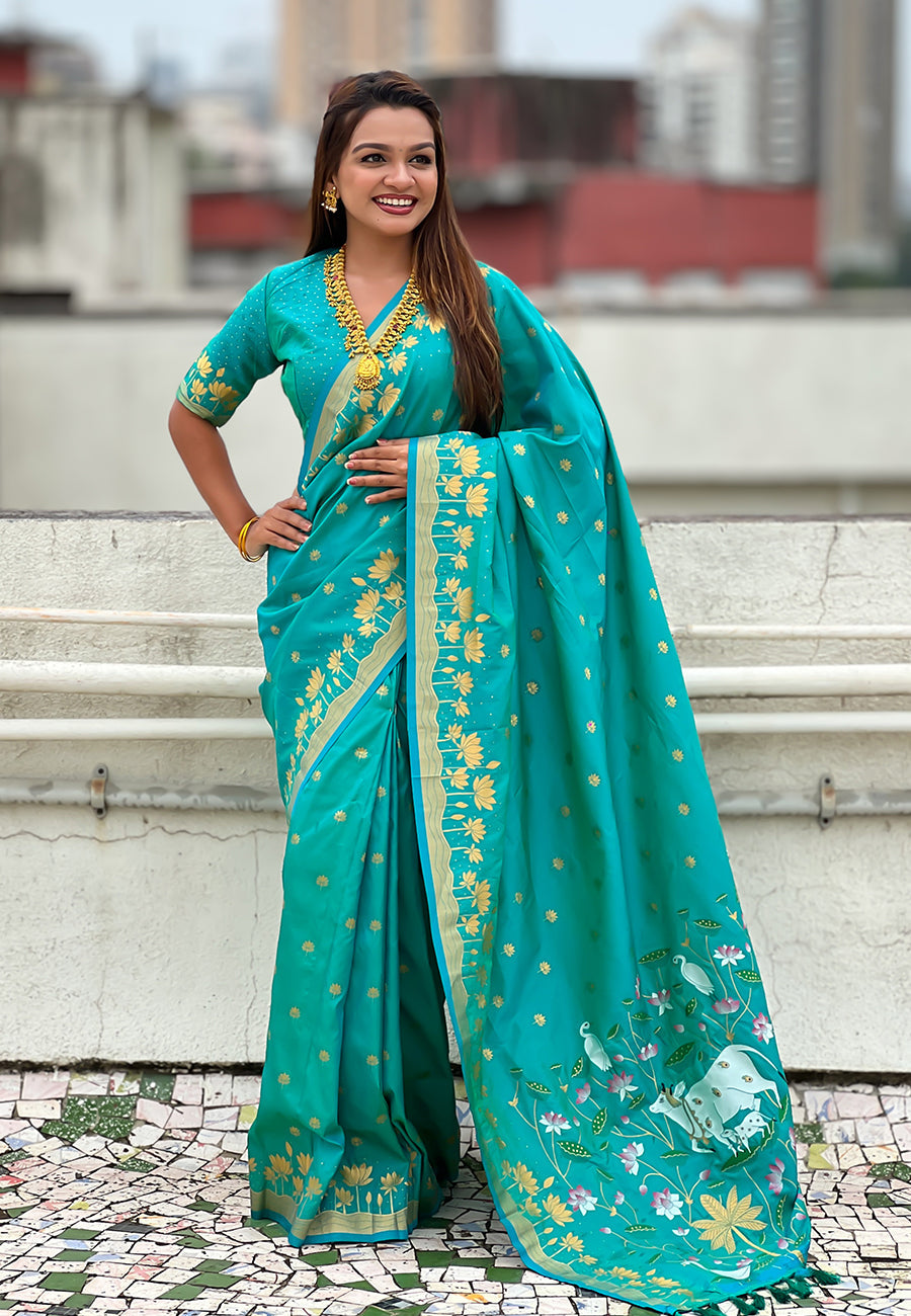 Aqua Blue Pure Soft Silk Zari Woven Pichwai Silk Saree 