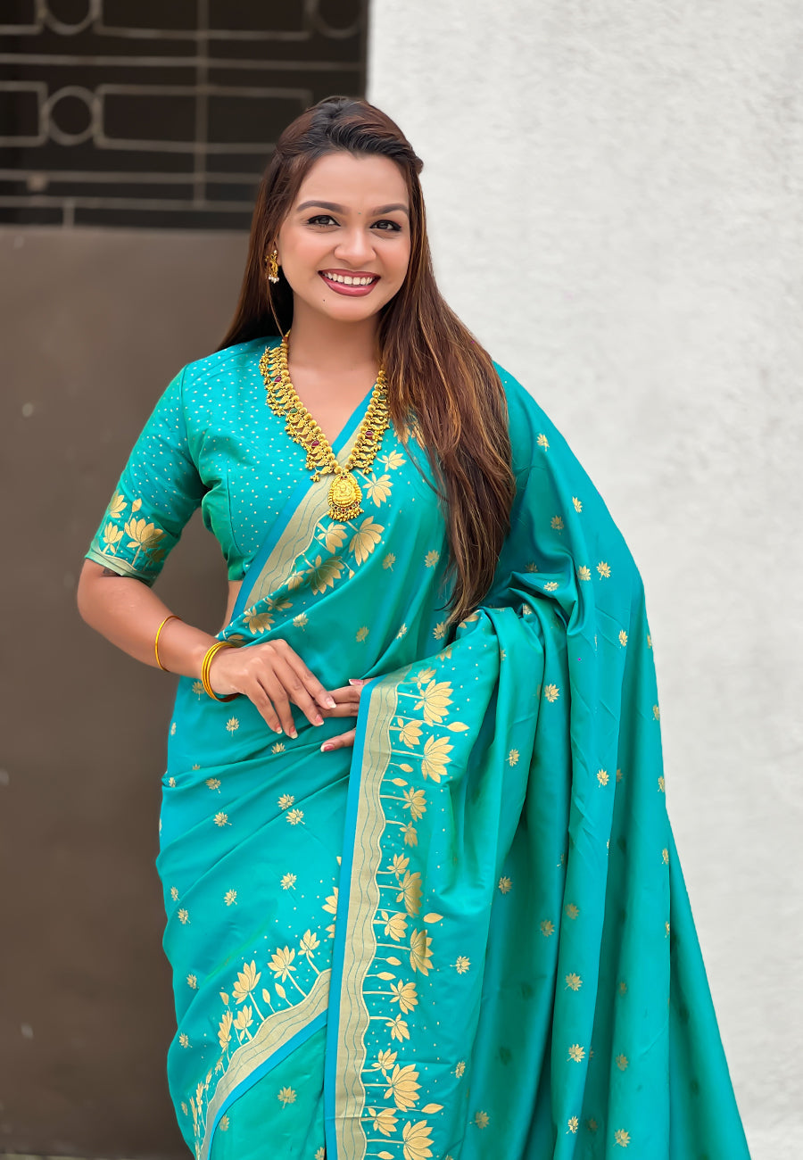 Aqua Blue Pure Soft Silk Zari Woven Pichwai Silk Saree 