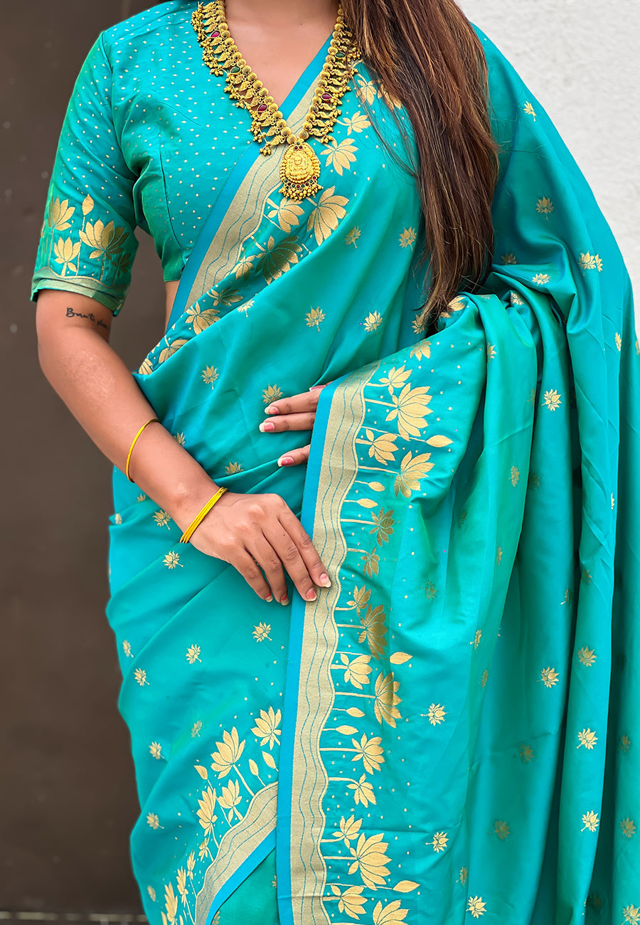 Aqua Blue Pure Soft Silk Zari Woven Pichwai Silk Saree 