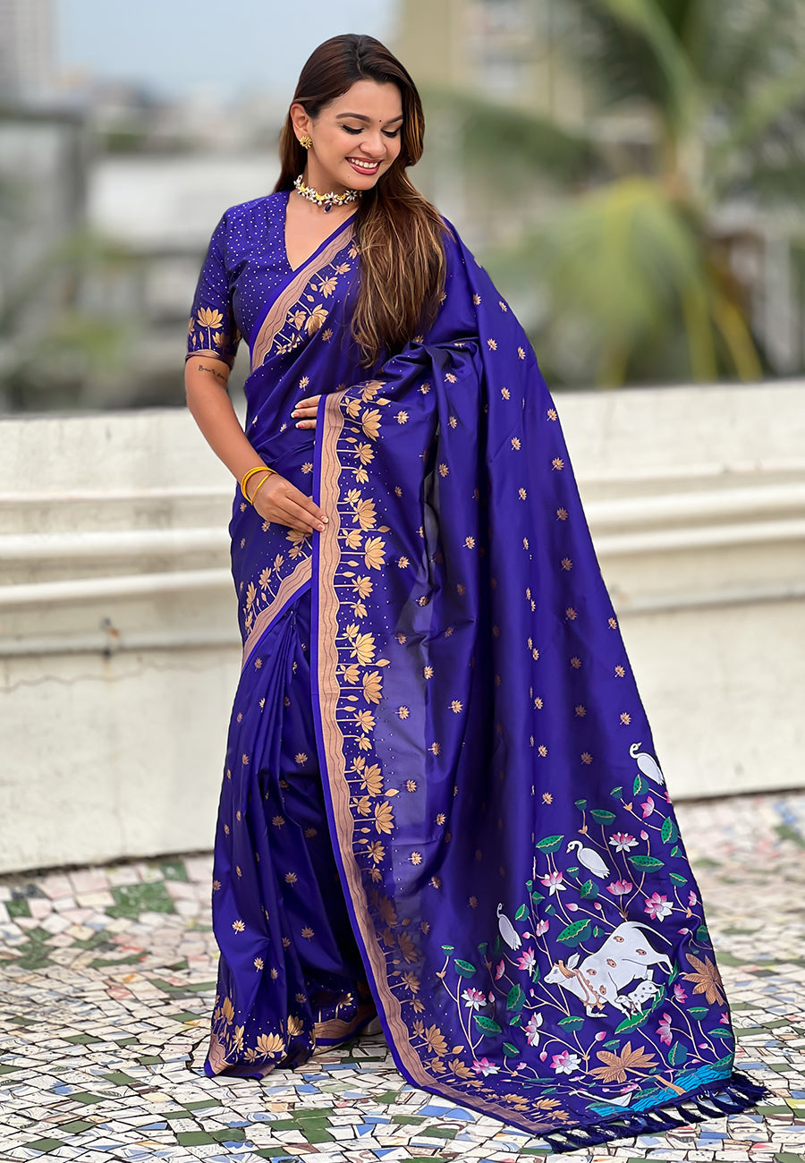 Violet Pure Soft Silk Zari Woven Pichwai Silk Saree 
