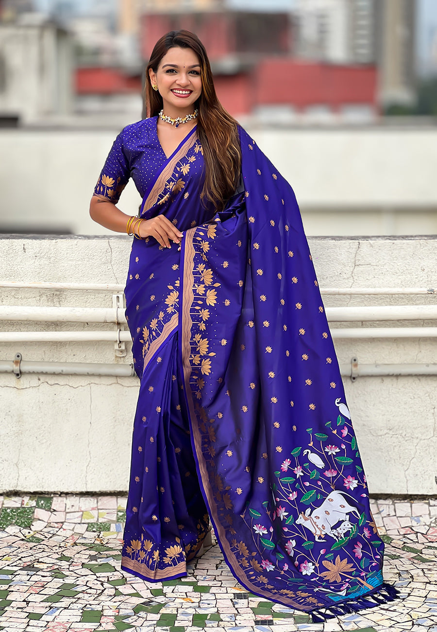 Violet Pure Soft Silk Zari Woven Pichwai Silk Saree 