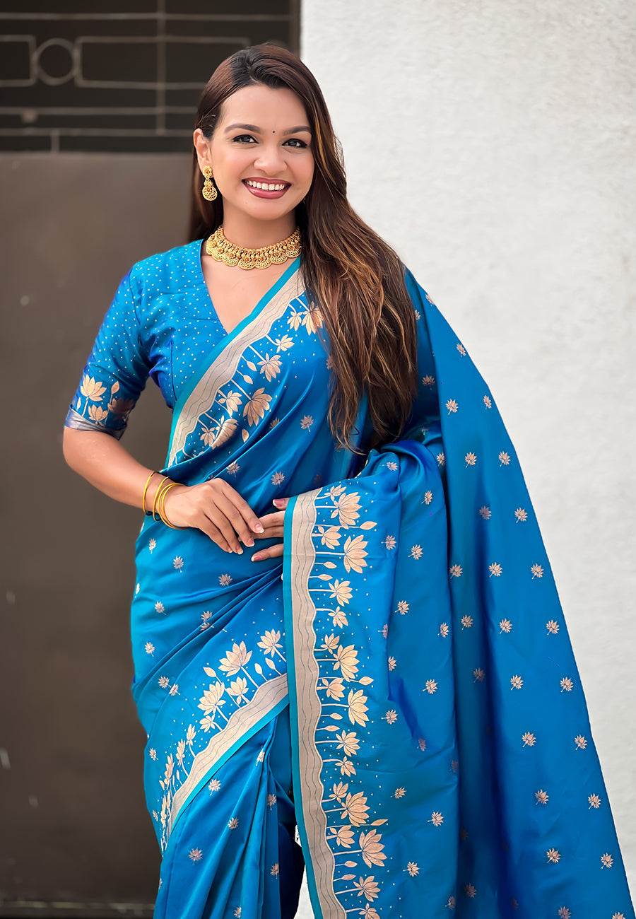 Blue Pure Soft Silk Zari Woven Pichwai Silk Saree 