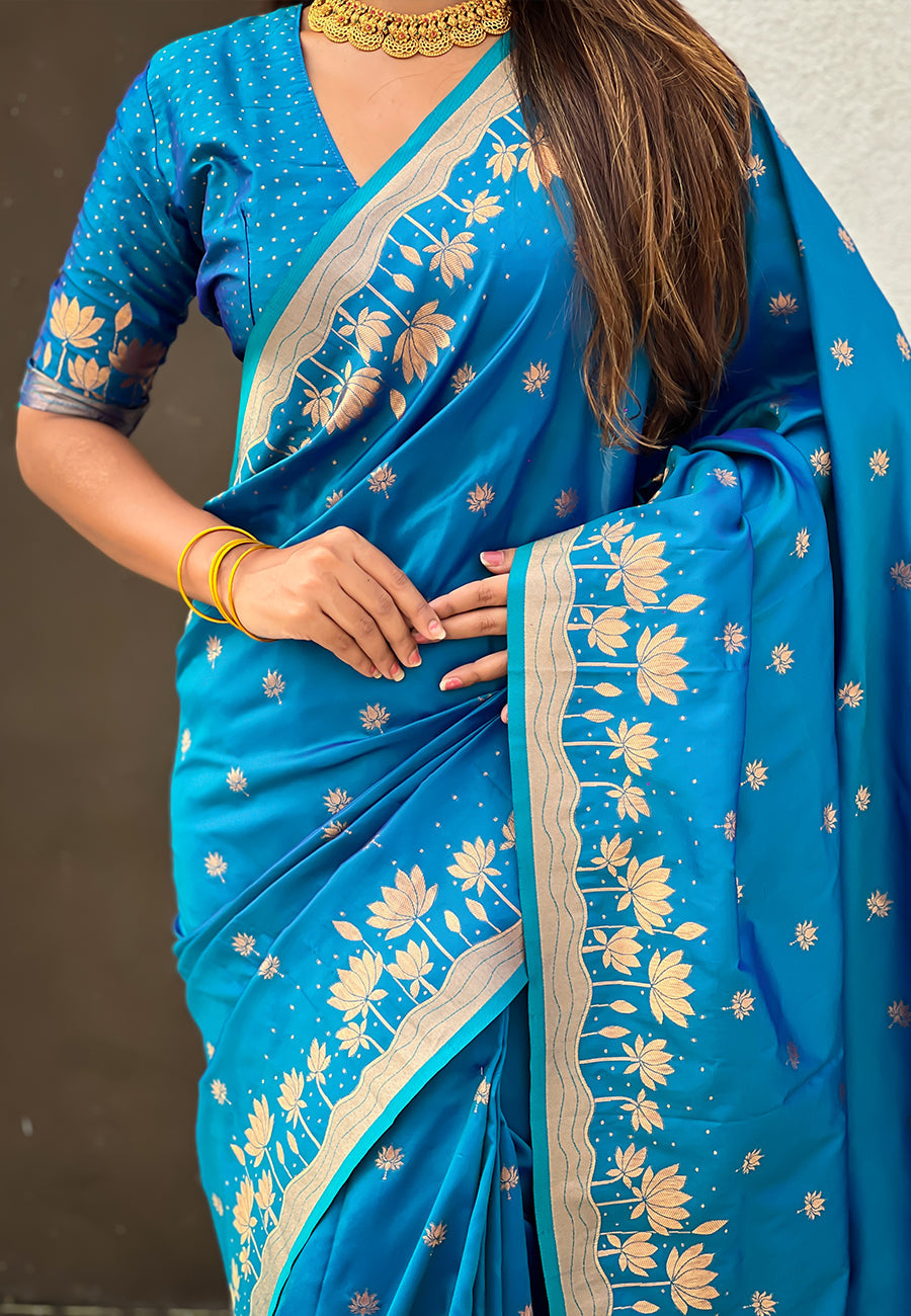 Blue Pure Soft Silk Zari Woven Pichwai Silk Saree 