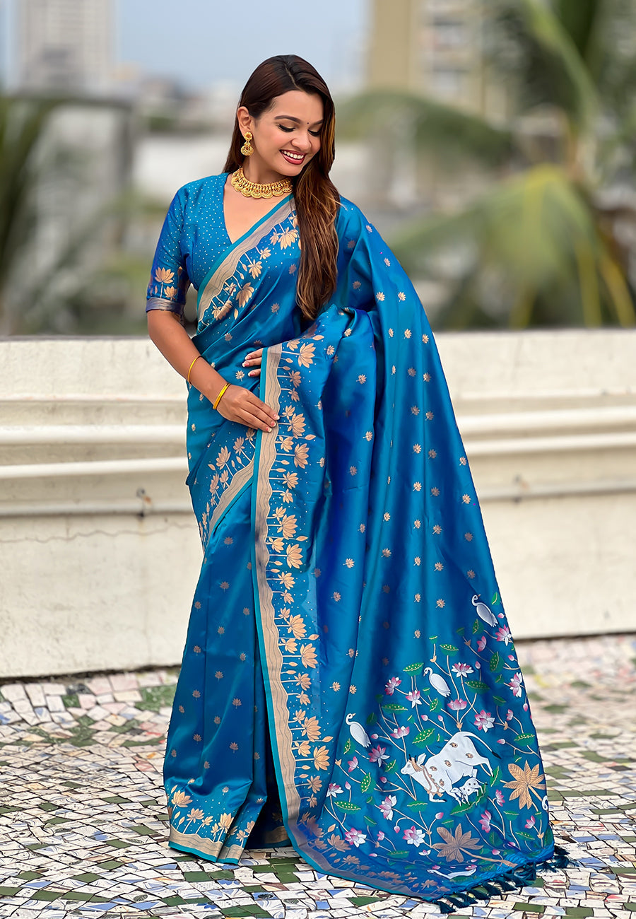 Blue Pure Soft Silk Zari Woven Pichwai Silk Saree 