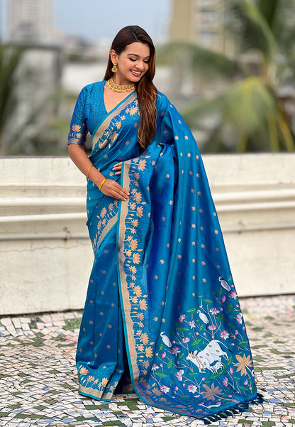 Blue Pure Soft Silk Zari Woven Pichwai Silk Saree 