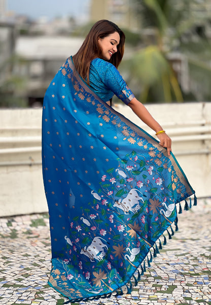 Blue Pure Soft Silk Zari Woven Pichwai Silk Saree 