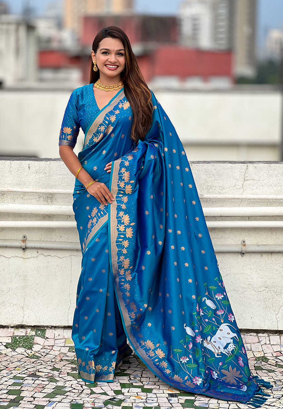 Blue Pure Soft Silk Zari Woven Pichwai Silk Saree 