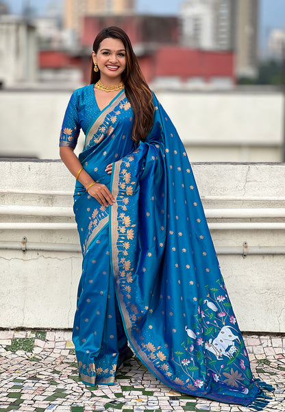 Blue Pure Soft Silk Zari Woven Pichwai Silk Saree 