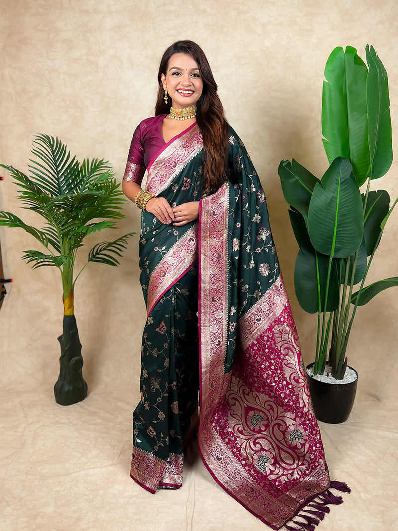 Bottle Green Banarasi Jaal Zari Woven Silk Banarasi Saree