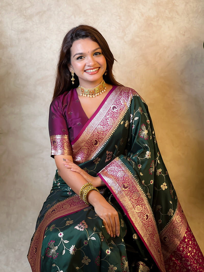 Bottle Green Banarasi Jaal Zari Woven Silk Banarasi Saree