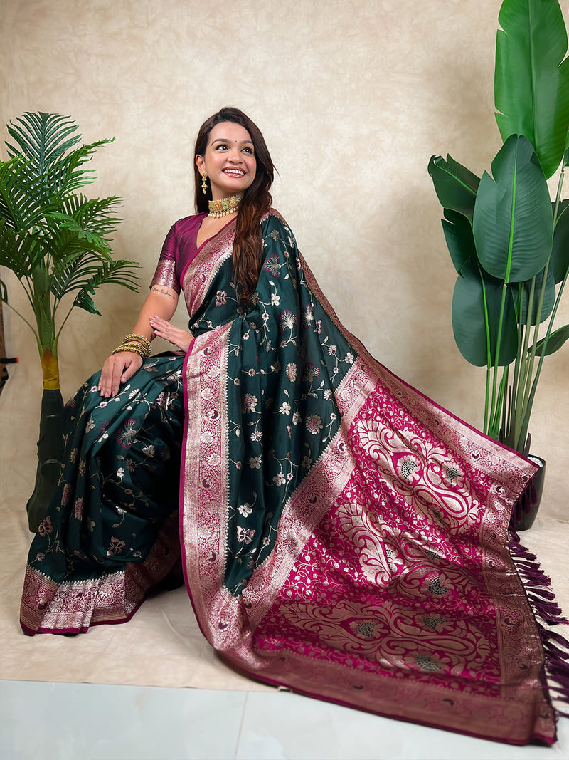 Bottle Green Banarasi Jaal Zari Woven Silk Banarasi Saree