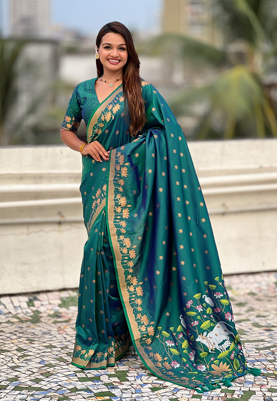 Green Pure Soft Silk Zari Woven Pichwai Silk Saree 