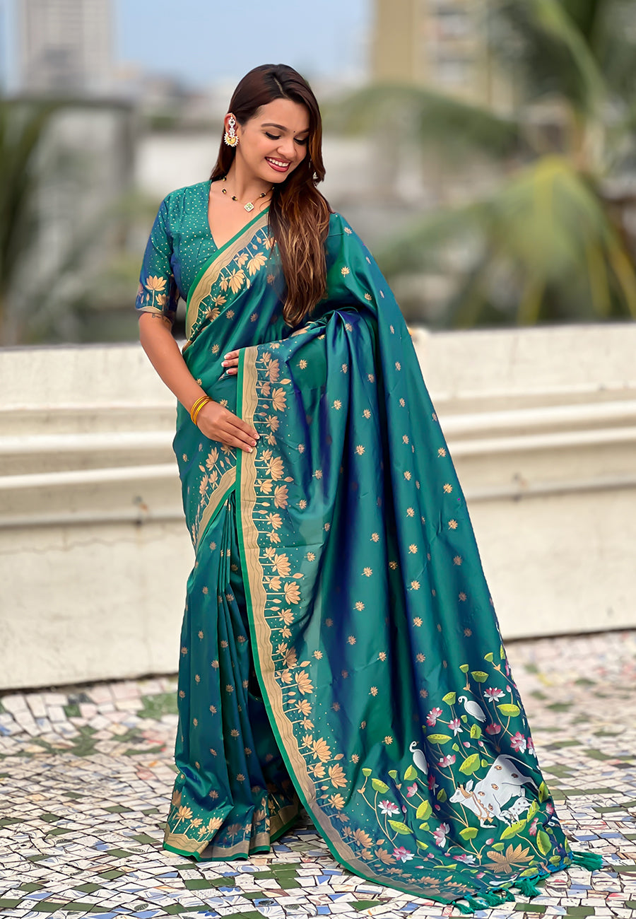 Green Pure Soft Silk Zari Woven Pichwai Silk Saree 