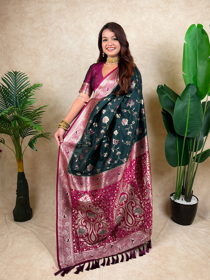 Bottle Green Banarasi Jaal Zari Woven Silk Banarasi Saree
