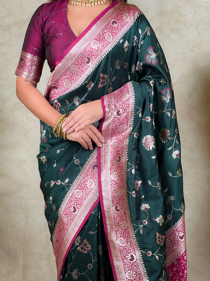 Bottle Green Banarasi Jaal Zari Woven Silk Banarasi Saree