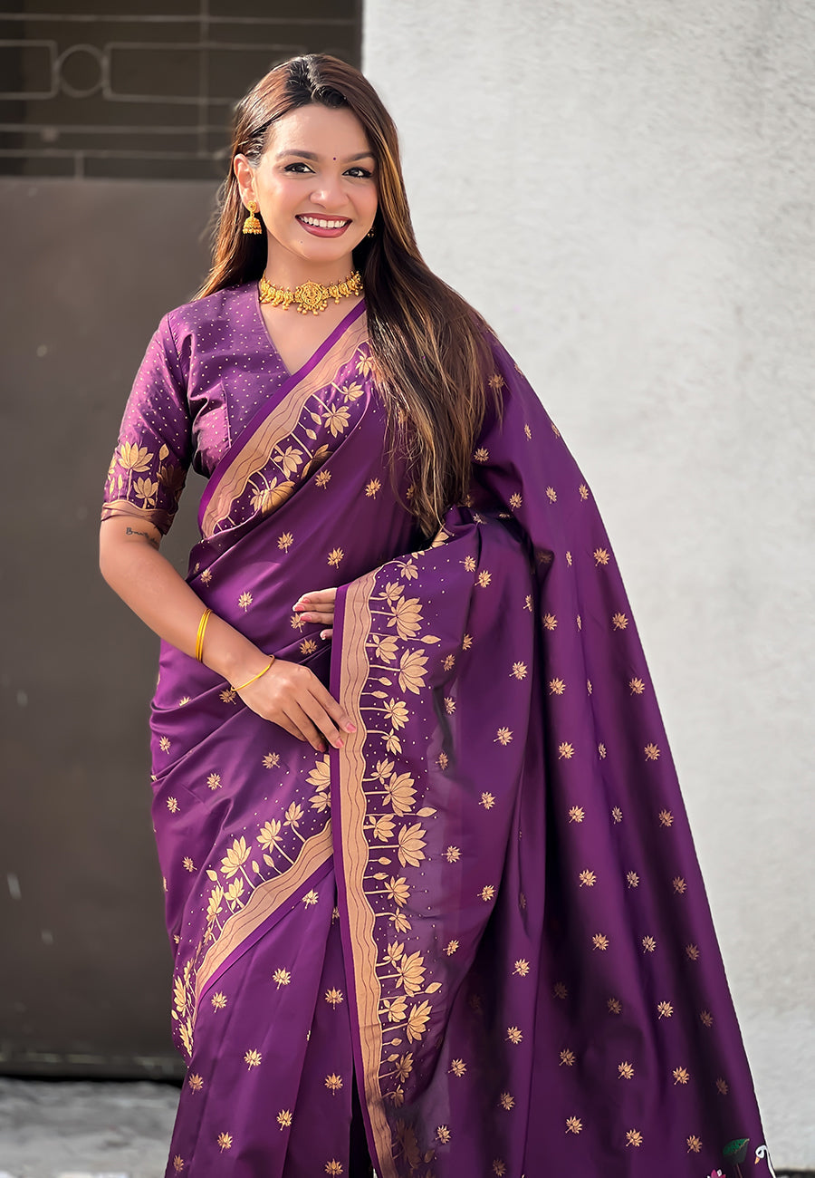Wine Pure Soft Silk Zari Woven Pichwai Silk Saree 