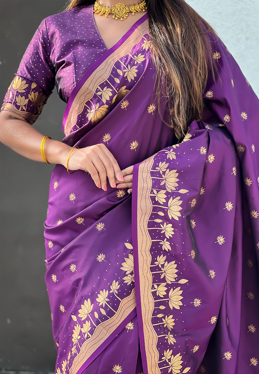 Wine Pure Soft Silk Zari Woven Pichwai Silk Saree 