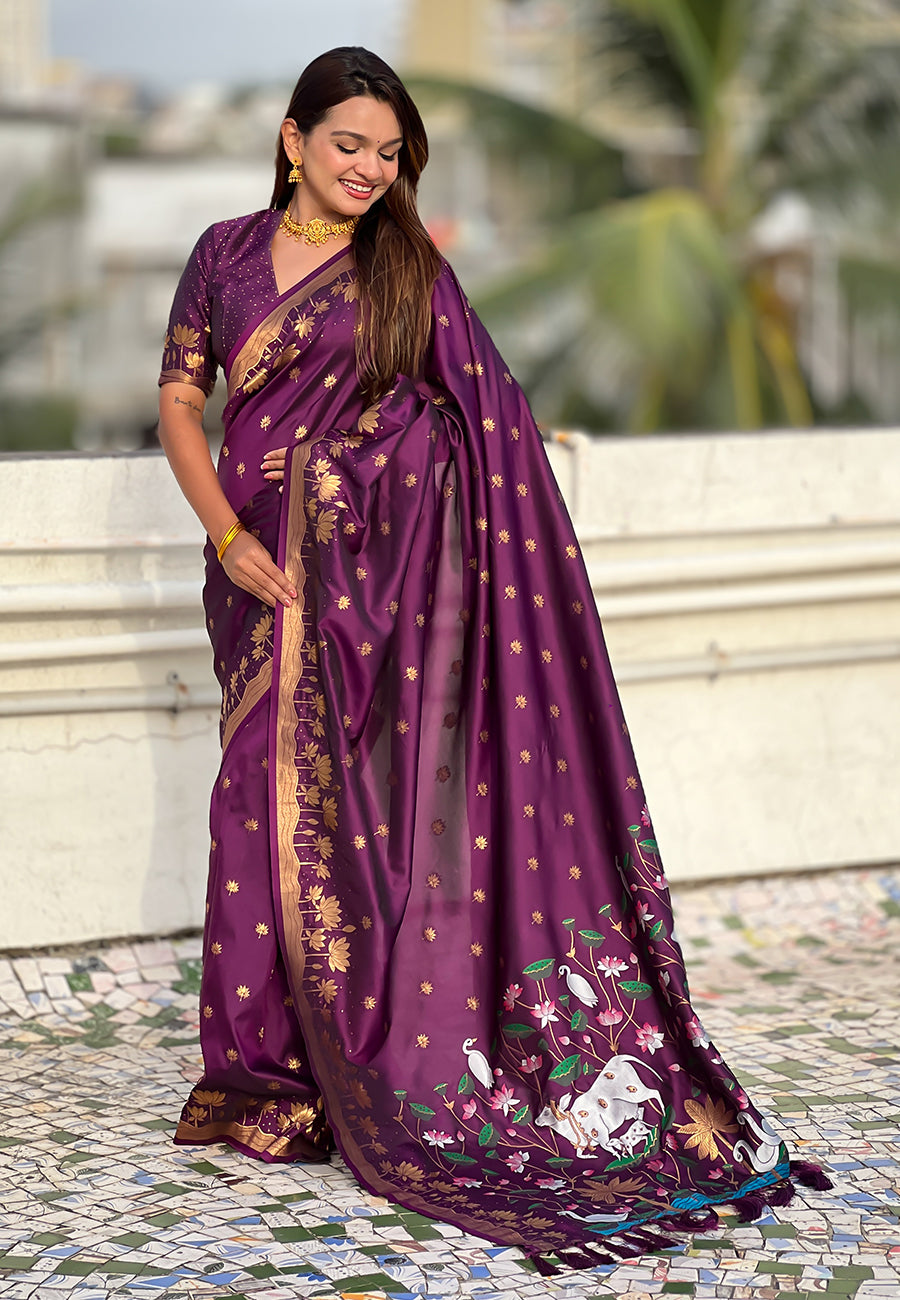 Wine Pure Soft Silk Zari Woven Pichwai Silk Saree 
