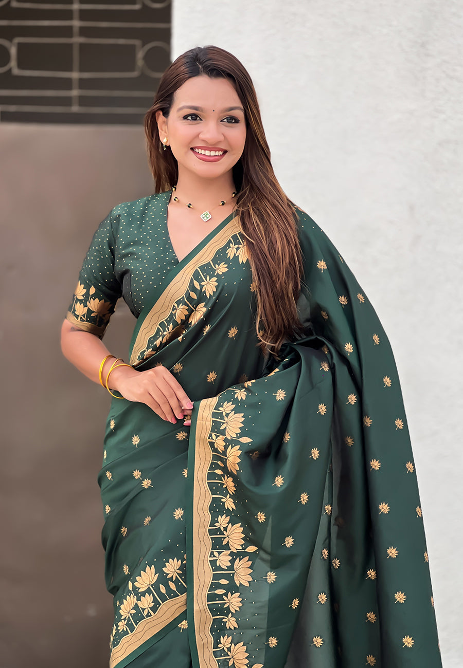 Bottle Green Pure Soft Silk Zari Woven Pichwai Silk Saree 