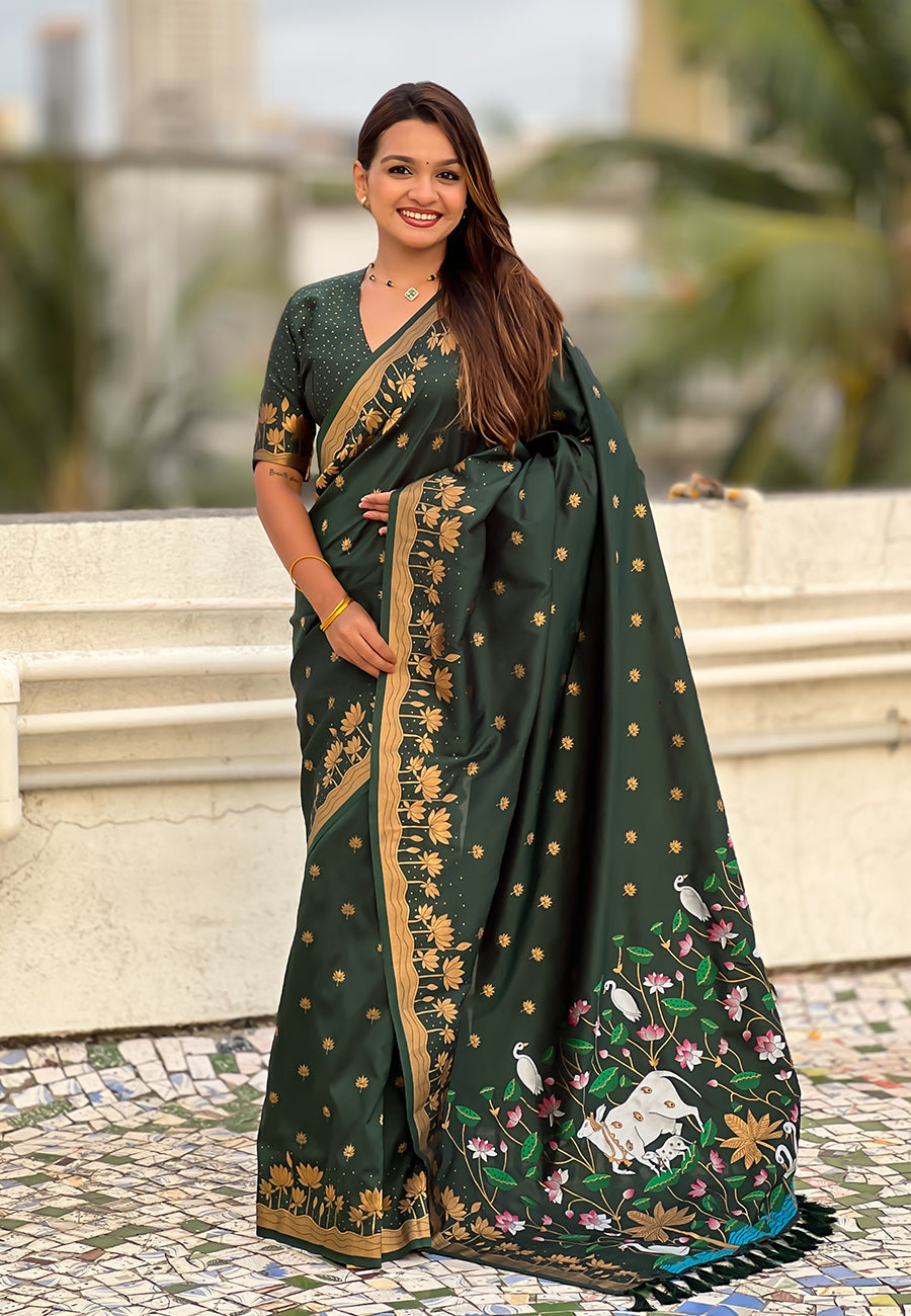 Bottle Green Pure Soft Silk Zari Woven Pichwai Silk Saree 