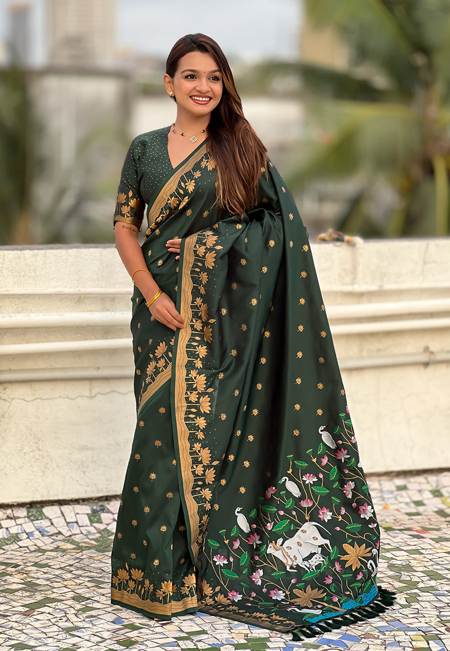 Bottle Green Pure Soft Silk Zari Woven Pichwai Silk Saree 