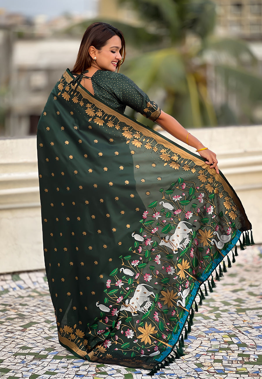 Bottle Green Pure Soft Silk Zari Woven Pichwai Silk Saree 