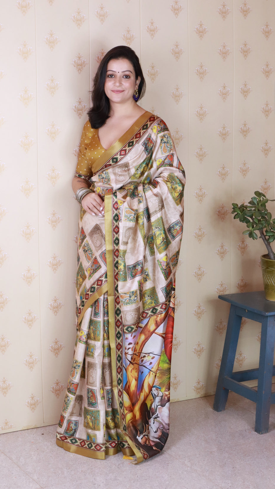 Gold Pure Tussar Silk Bold Kalamkari Figure Printed Tussar Saree Tussar Saree Anant Tex Exports Pvt.Ltd..