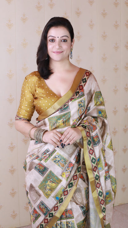 Gold Pure Tussar Silk Bold Kalamkari Figure Printed Tussar Saree Tussar Saree Anant Tex Exports Pvt.Ltd..