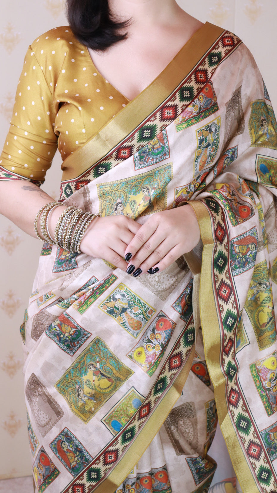 Gold Pure Tussar Silk Bold Kalamkari Figure Printed Tussar Saree Tussar Saree Anant Tex Exports Pvt.Ltd..