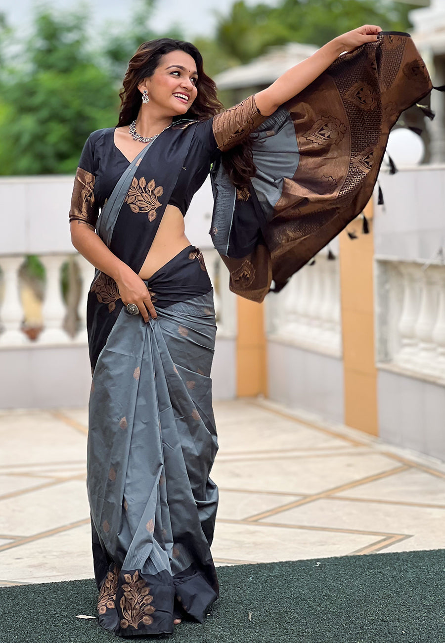 Grey Soft Silk Floral Border Contrast Zari Soft Silk Saree