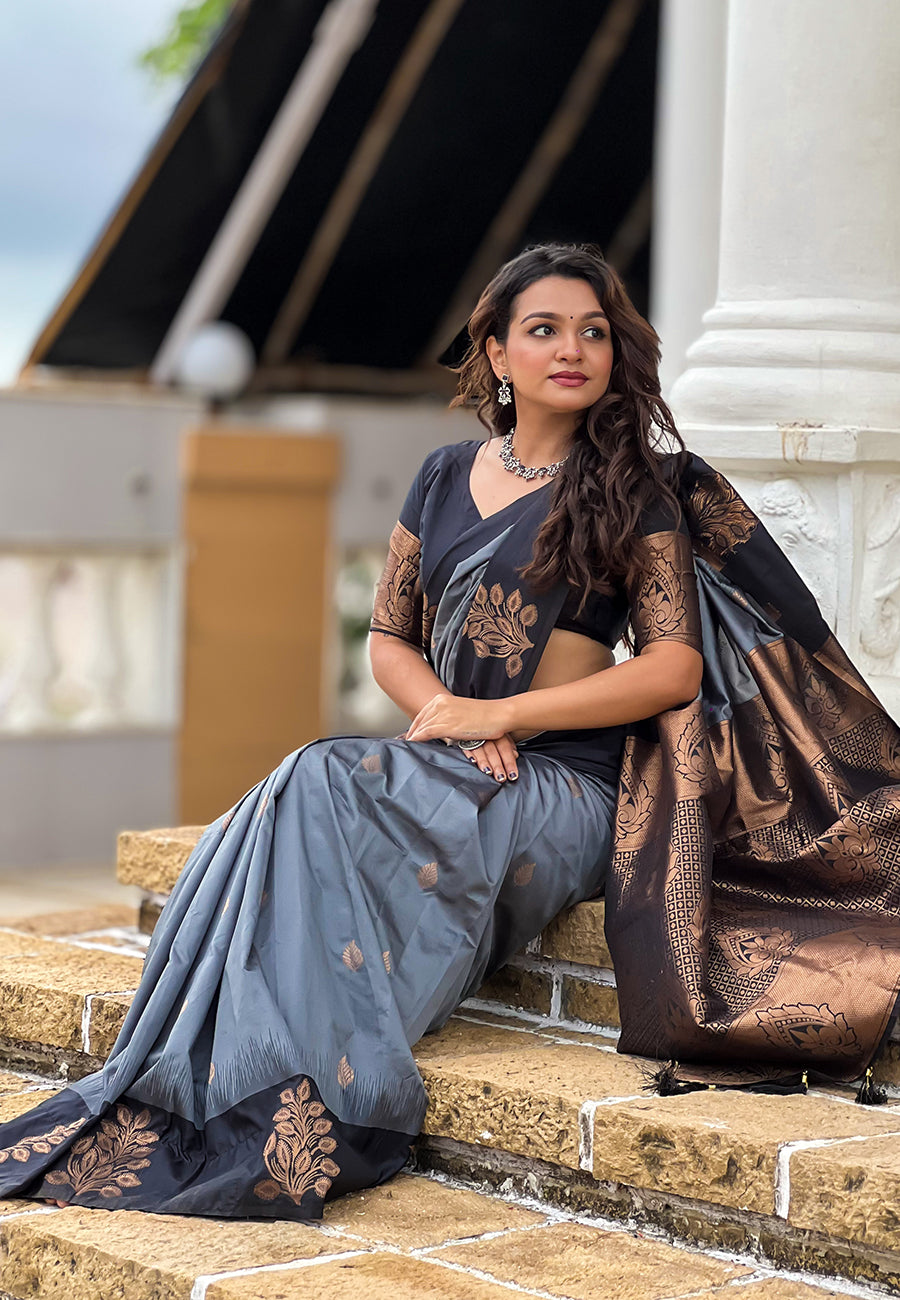 Grey Soft Silk Floral Border Contrast Zari Soft Silk Saree