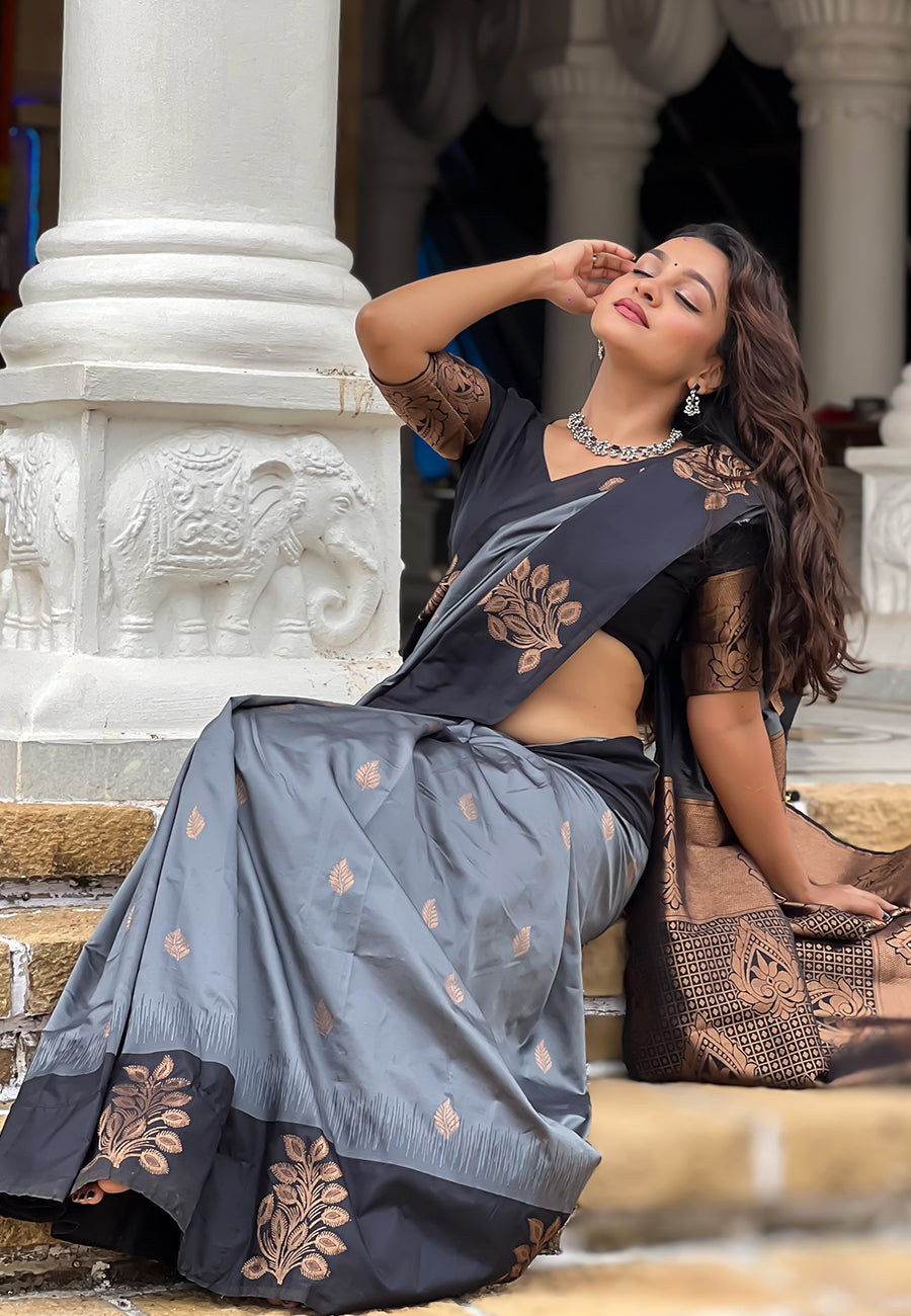 Grey Soft Silk Floral Border Contrast Zari Soft Silk Saree