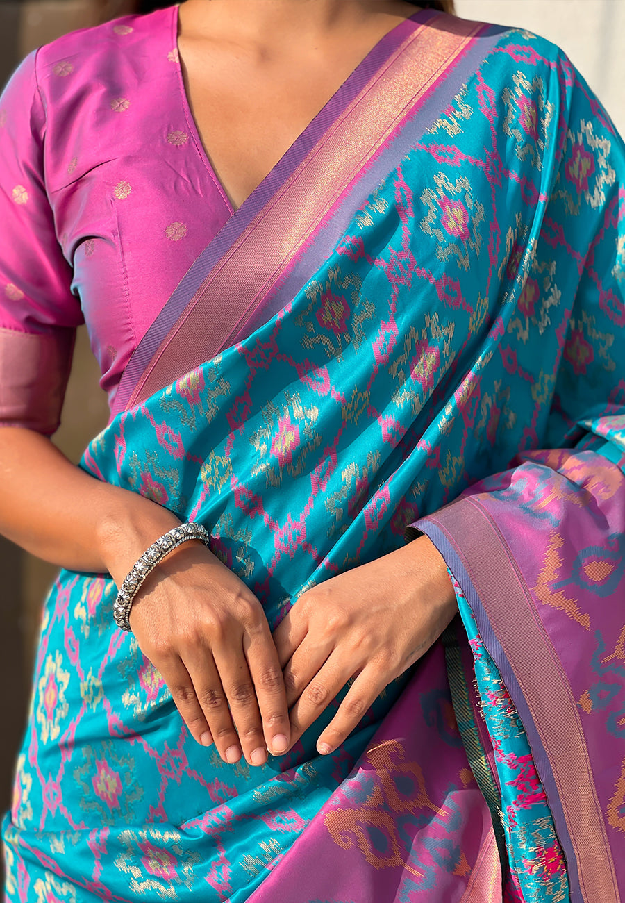 Sky Blue Soft Silk Zari Woven Patola Saree