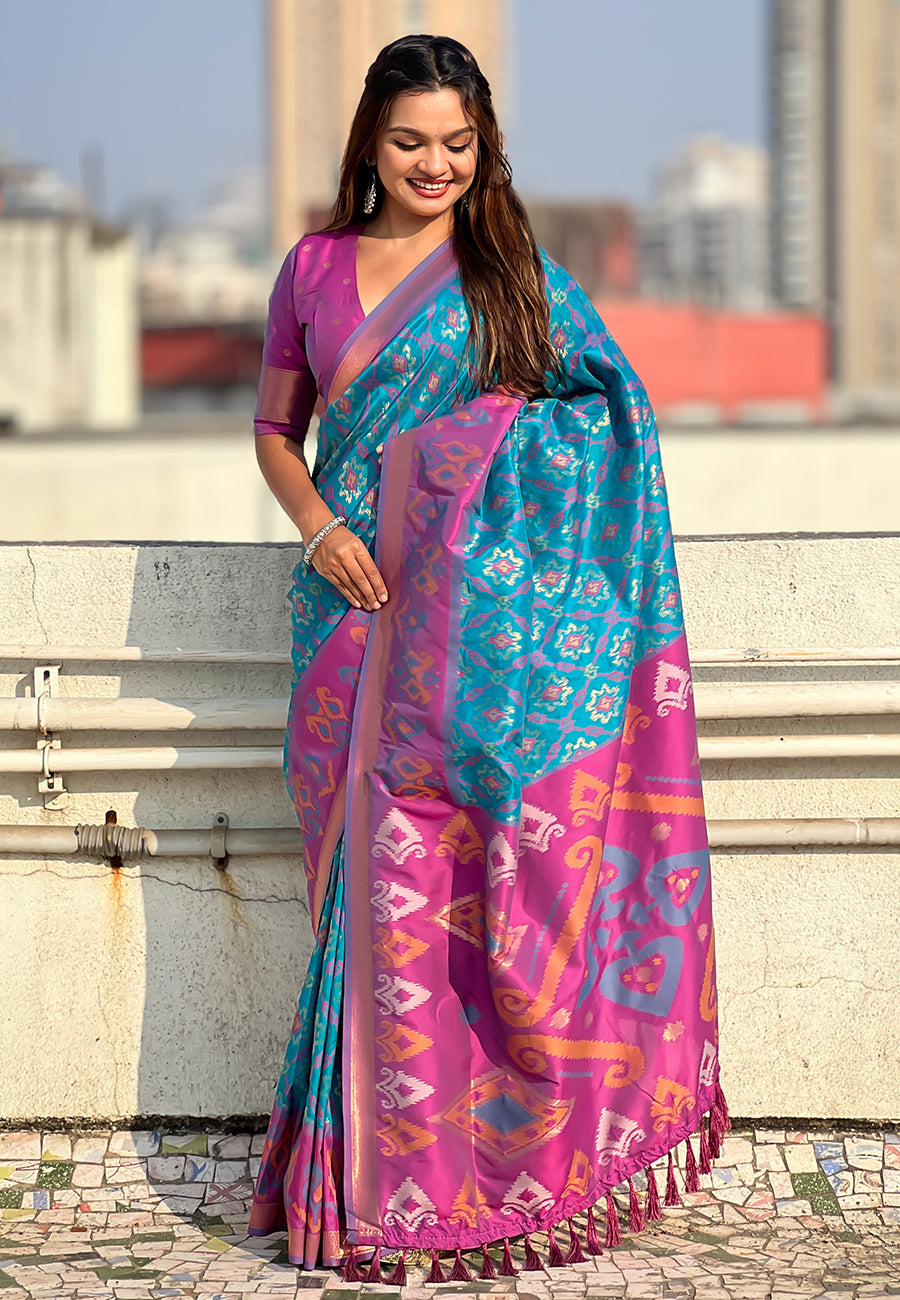 Sky Blue Soft Silk Zari Woven Patola Saree