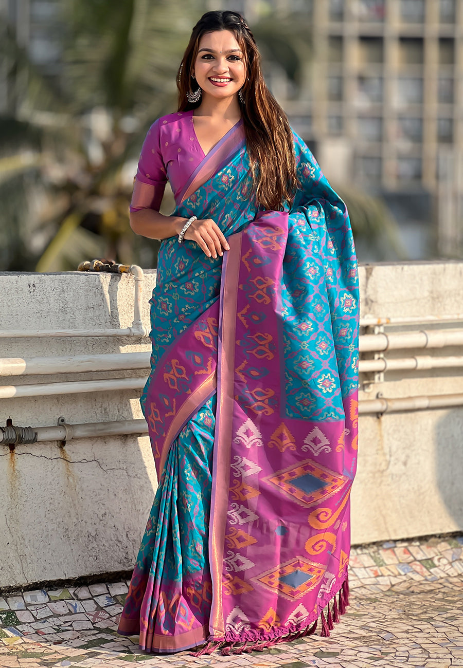 Sky Blue Soft Silk Zari Woven Patola Saree