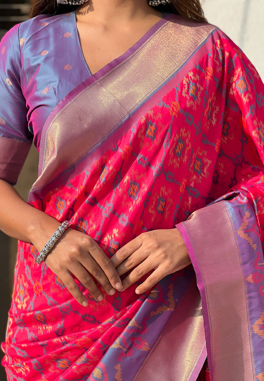 Pink Soft Silk Zari Woven Patola Saree