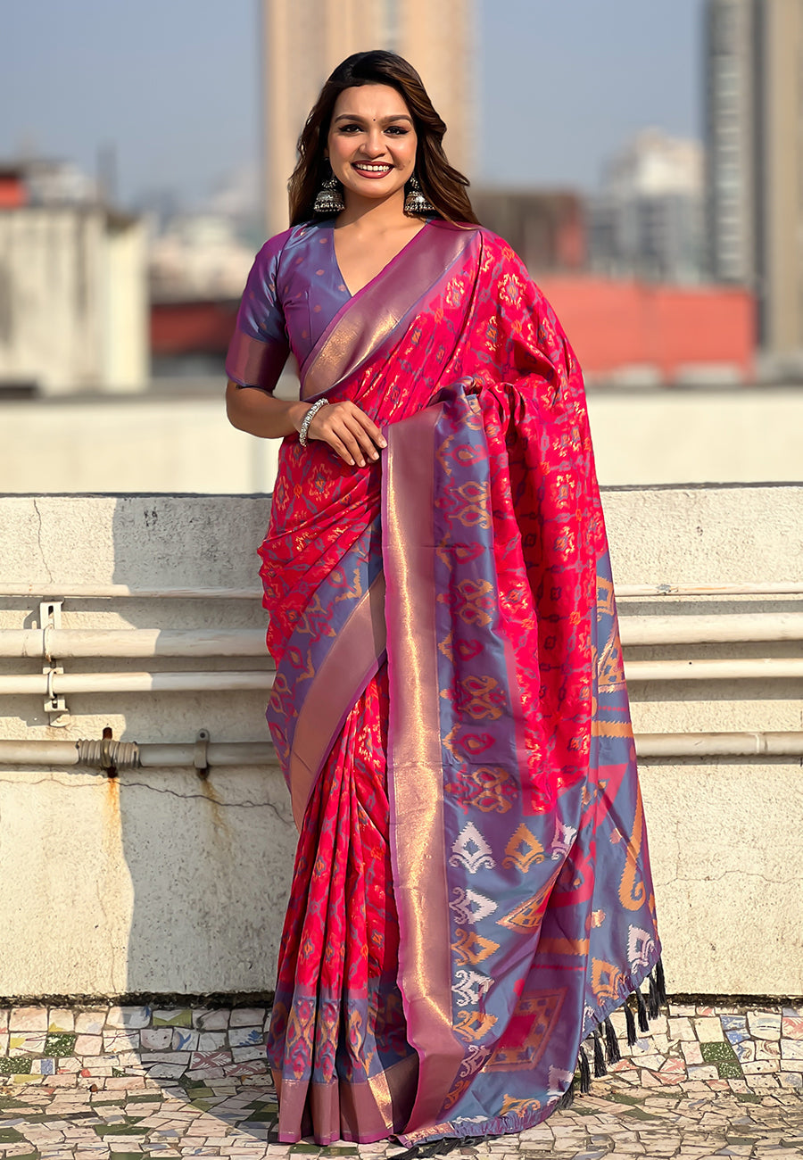 Pink Soft Silk Zari Woven Patola Saree