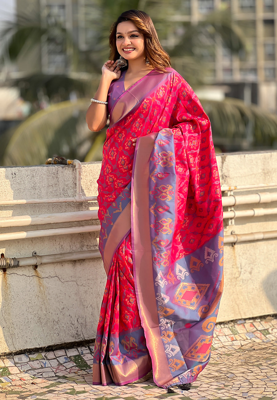 Pink Soft Silk Zari Woven Patola Saree