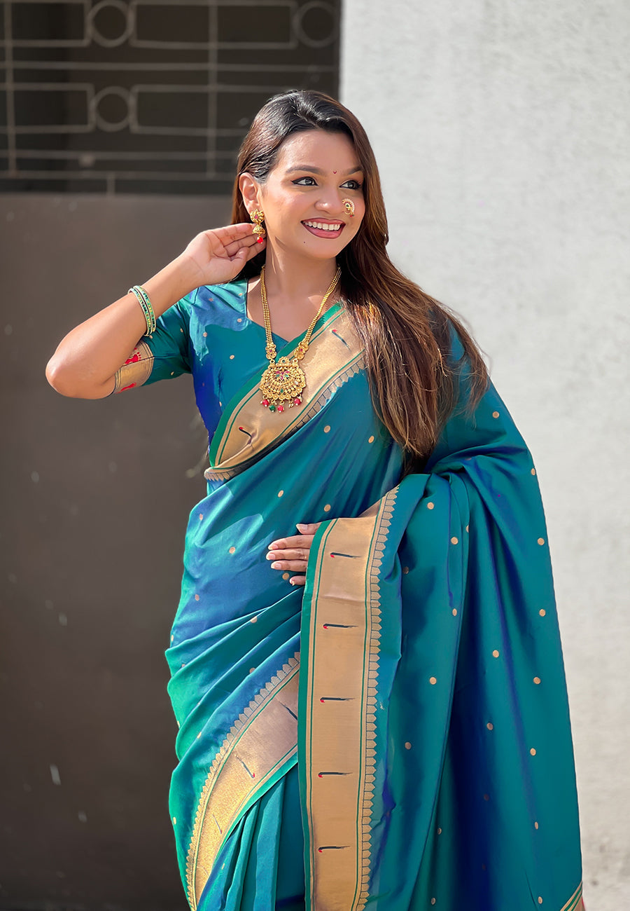 Green Zari Woven Mahalaxmi God Paithani Silk Saree Paithani Saree Anant Tex Exports Pvt.Ltd..