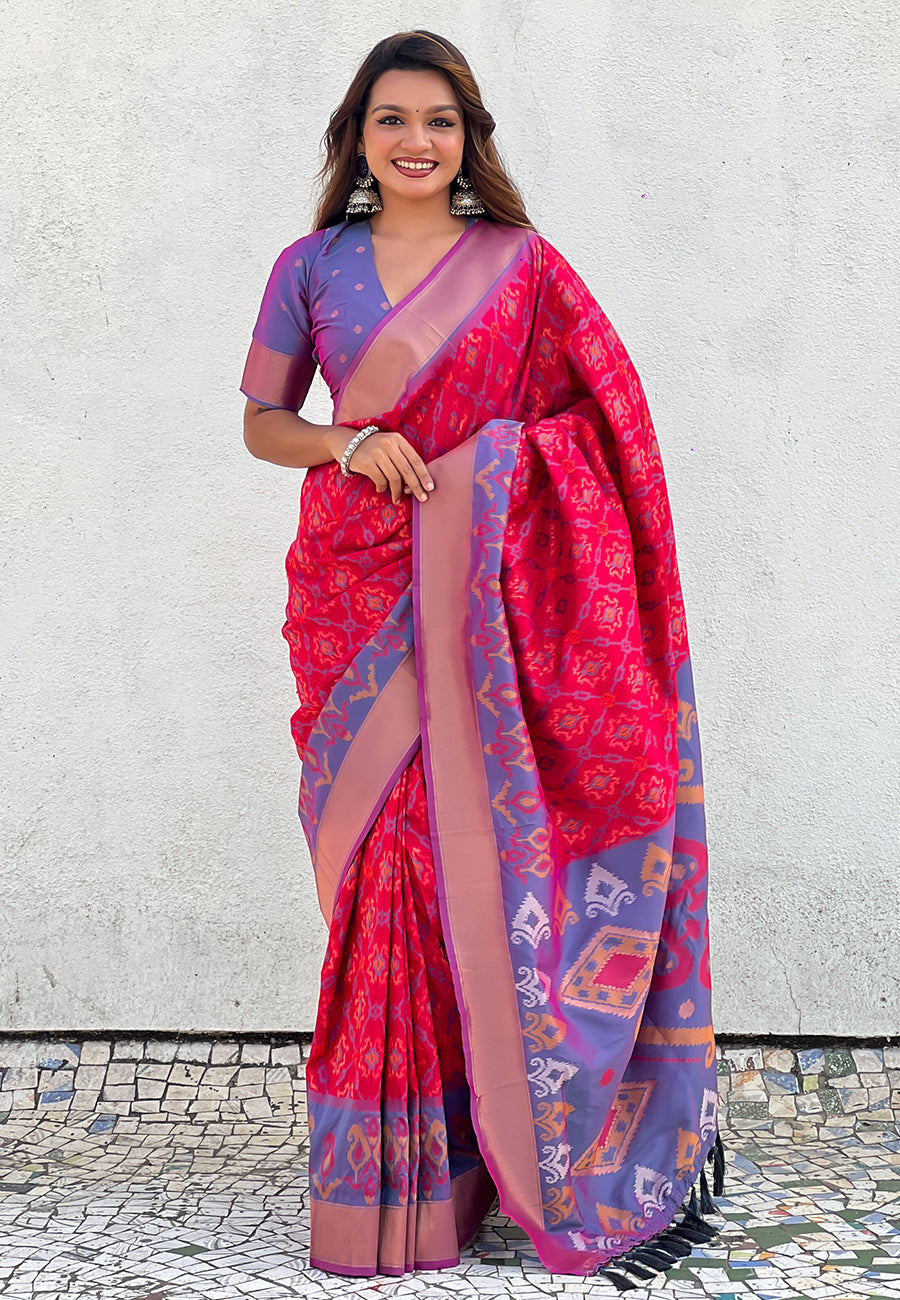 Pink Soft Silk Zari Woven Patola Saree