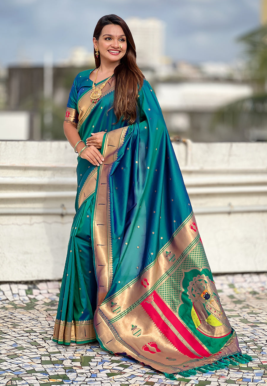 Green Zari Woven Mahalaxmi God Paithani Silk Saree Paithani Saree Anant Tex Exports Pvt.Ltd..
