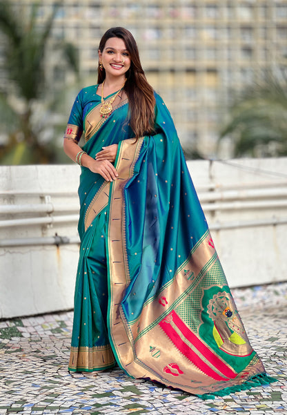 Green Zari Woven Mahalaxmi God Paithani Silk Saree Paithani Saree Anant Tex Exports Pvt.Ltd..