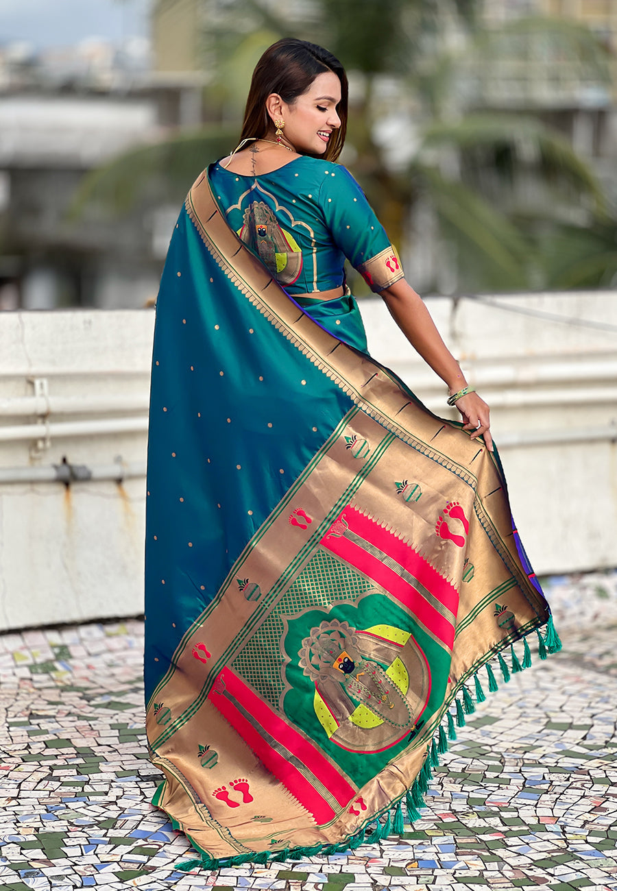 Green Zari Woven Mahalaxmi God Paithani Silk Saree Paithani Saree Anant Tex Exports Pvt.Ltd..