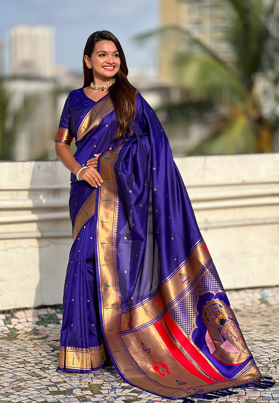 Violet Zari Woven Mahalaxmi God Paithani Silk Saree Paithani Saree Anant Tex Exports Pvt.Ltd..